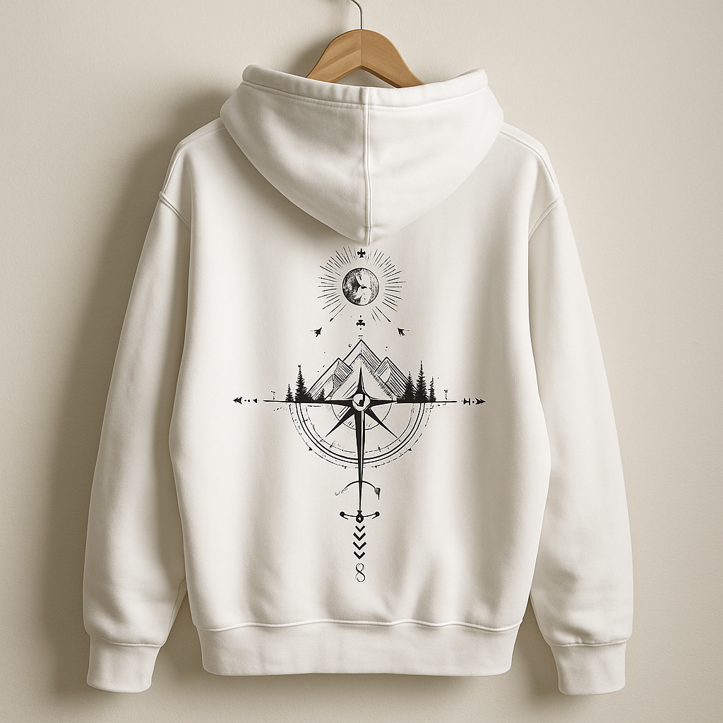 White Graphic Hoodie | Minimalist Moon & Compass Mountain Print Streetwear Pullover