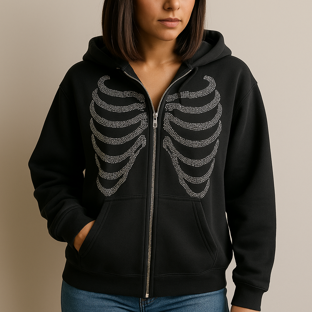 Y2K Rhinestone Skeleton Hoodie | Zip Up Hoodie with Crystal Bone Design