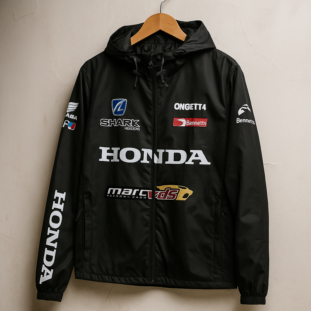 Honda Racing Jacket | Black Moto Streetwear Windbreaker with Embroidered Logos