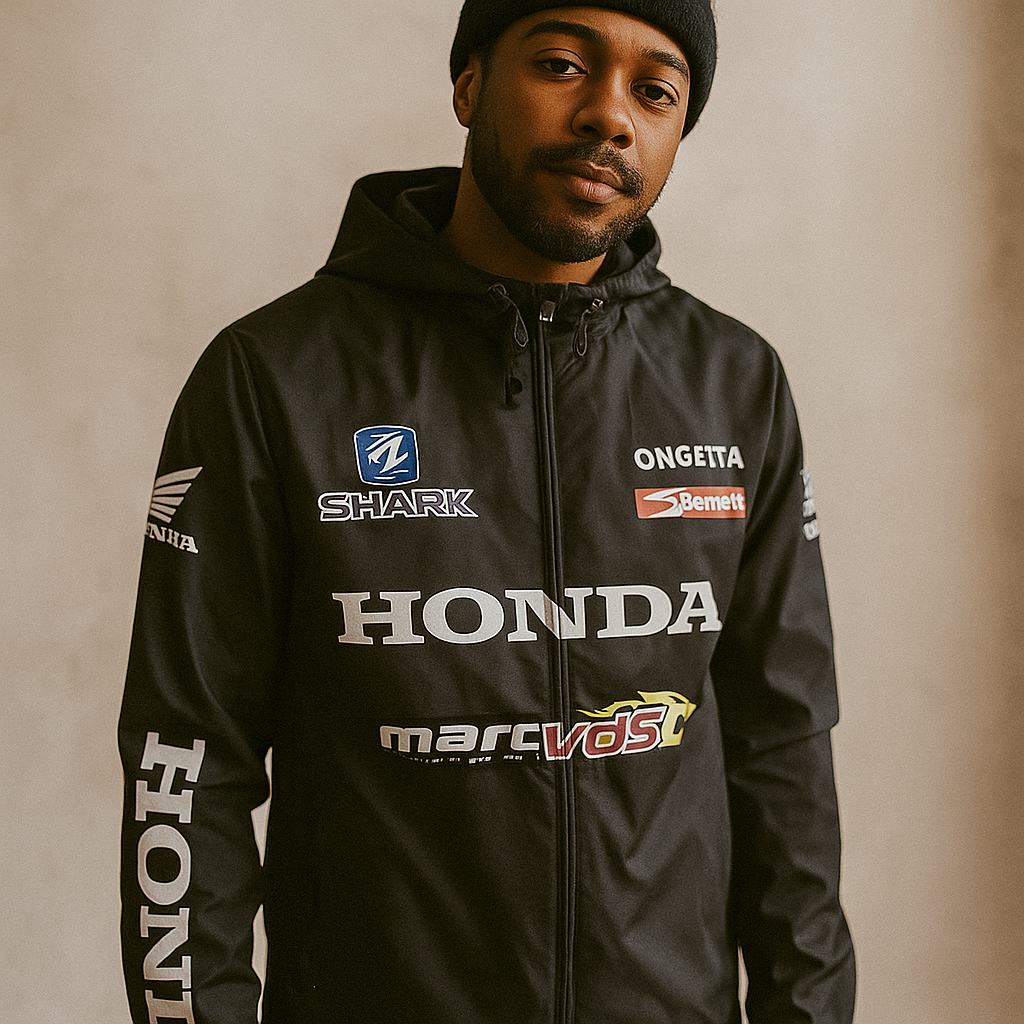 Honda Racing Jacket | Black Moto Streetwear Windbreaker with Embroidered Logos