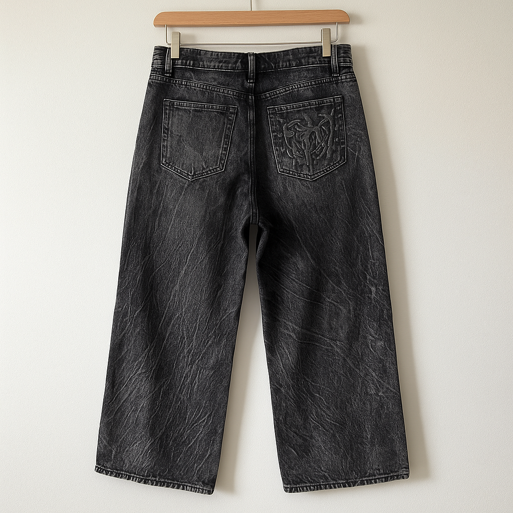 Black Gothic Wide-Leg Jeans | Distressed Denim with Tribal Embroidery Streetwear Pants