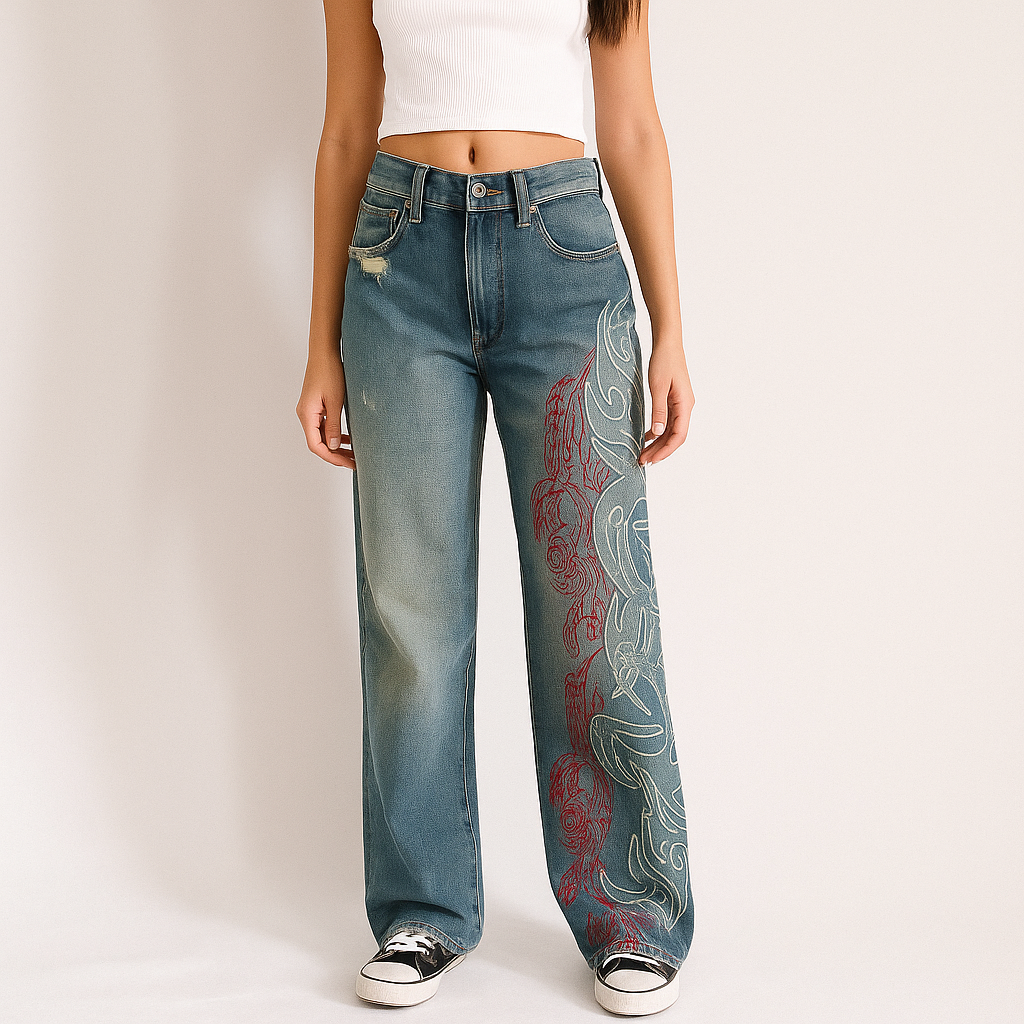 Y2K Embroidered Baggy Jeans | Vintage Washed Denim with Red and White Flame Design