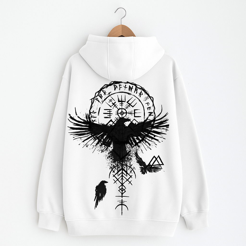 Viking Eagle Hoodie | White Oversized Hoodie with Norse Symbol and Graphic Print