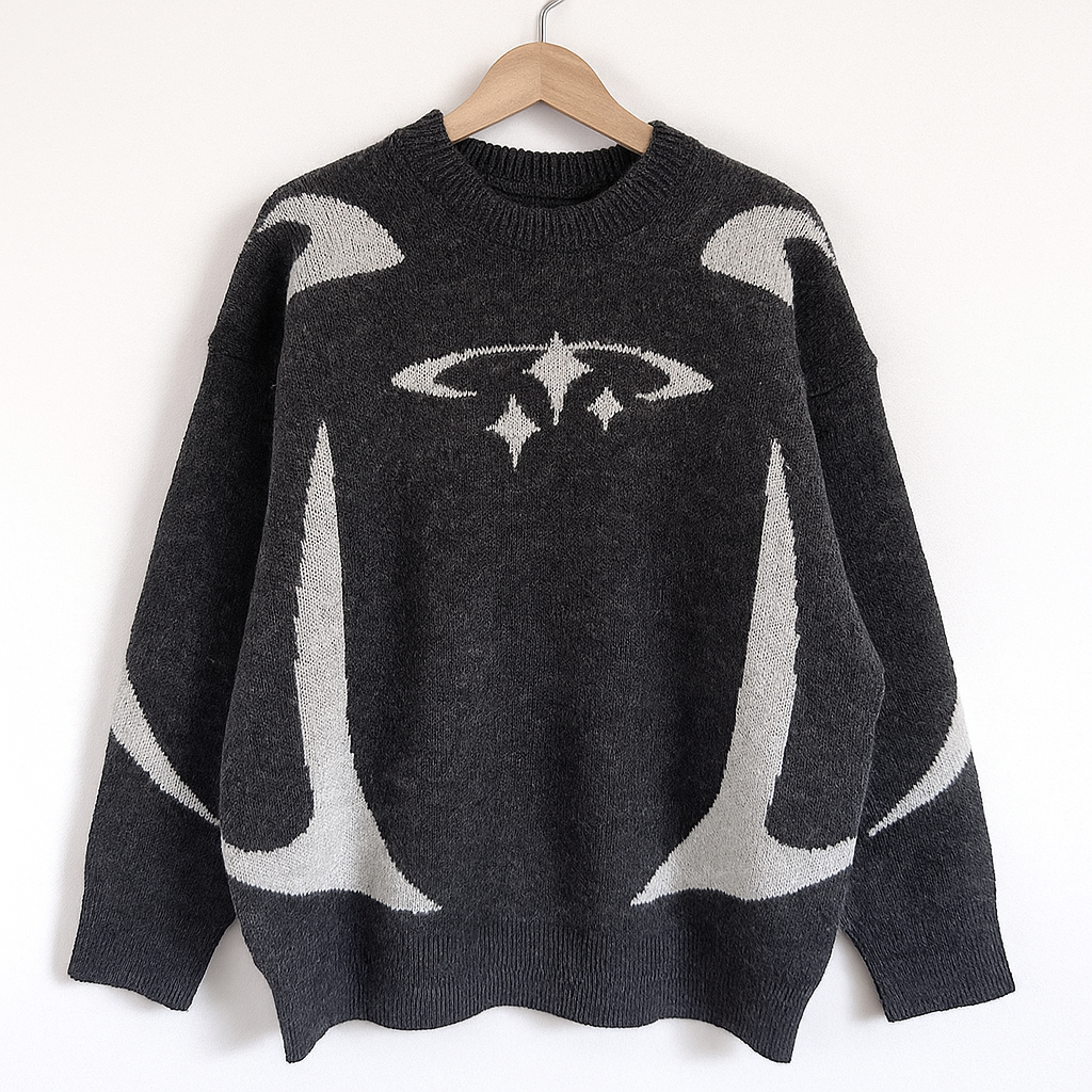 Y2K Abstract Star Pattern Sweater | Black & Gray Retro Knit Pullover