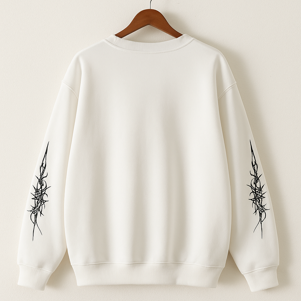 White Gothic Tribal Sweatshirt | Oversized Streetwear Pullover with Black Graphic Print