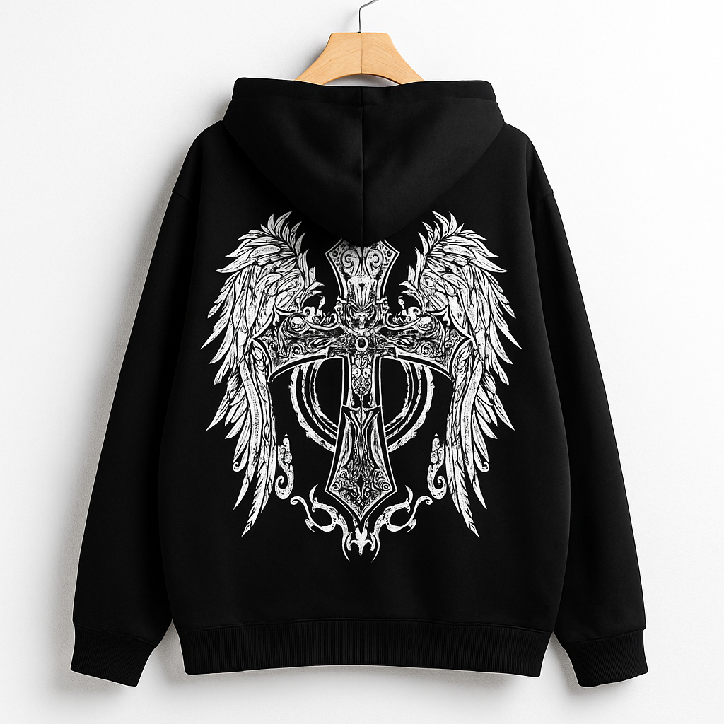 Black Gothic Cross Hoodie | Angel Wing Oversized Streetwear Pullover