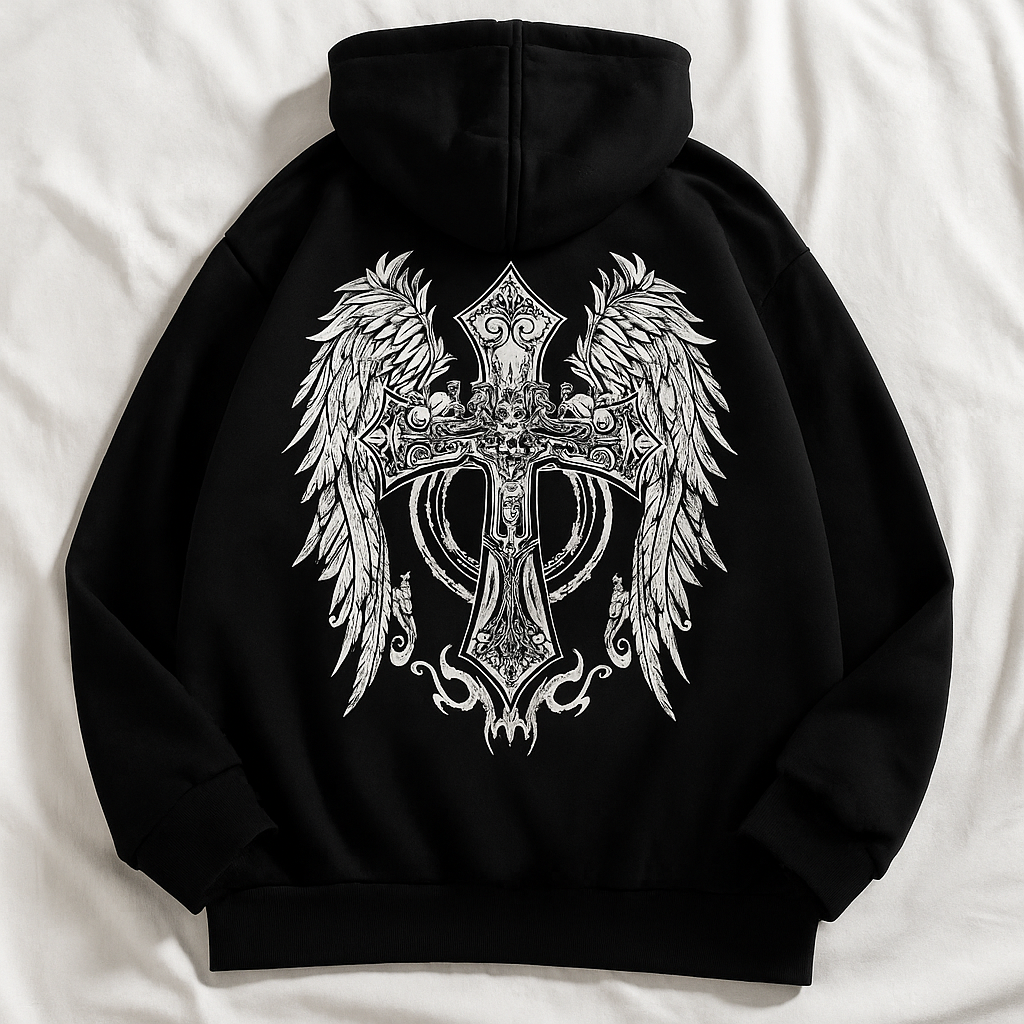 Black Gothic Cross Hoodie | Angel Wing Oversized Streetwear Pullover