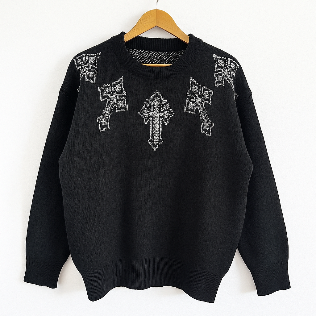 Black Gothic Cross Sweater | Oversized Knit Pullover Streetwear Aesthetic