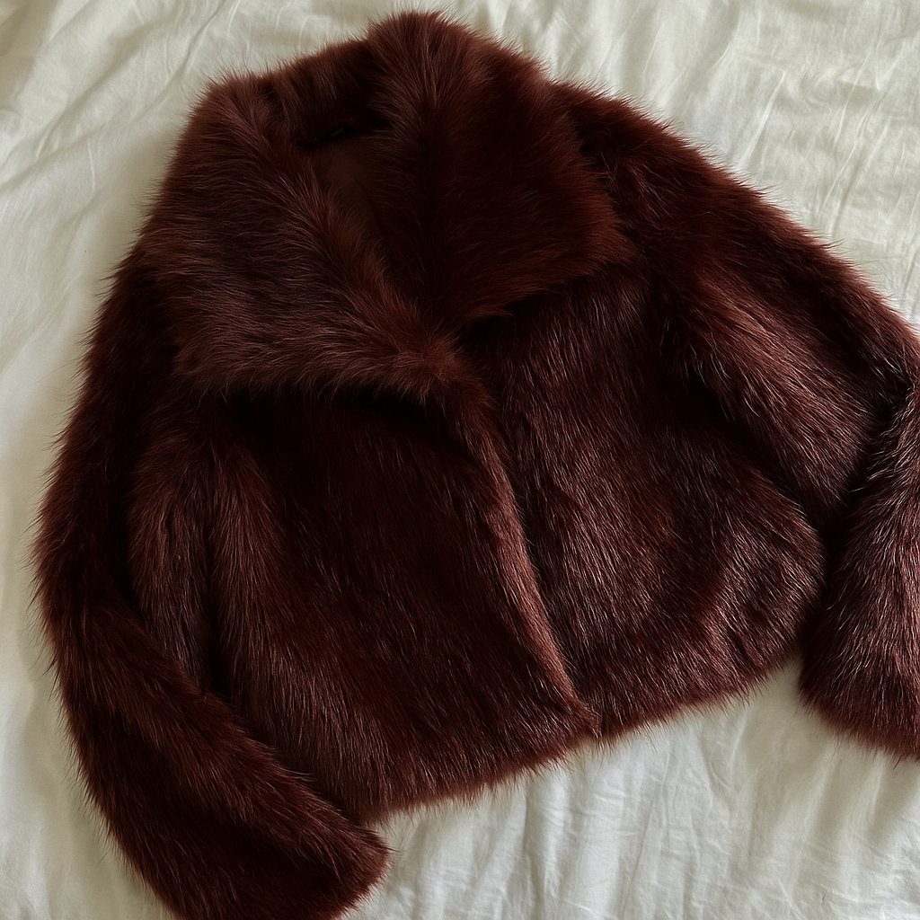 Burgundy Faux Fur Coat | Vintage Glam Cropped Plush Winter Jacket
