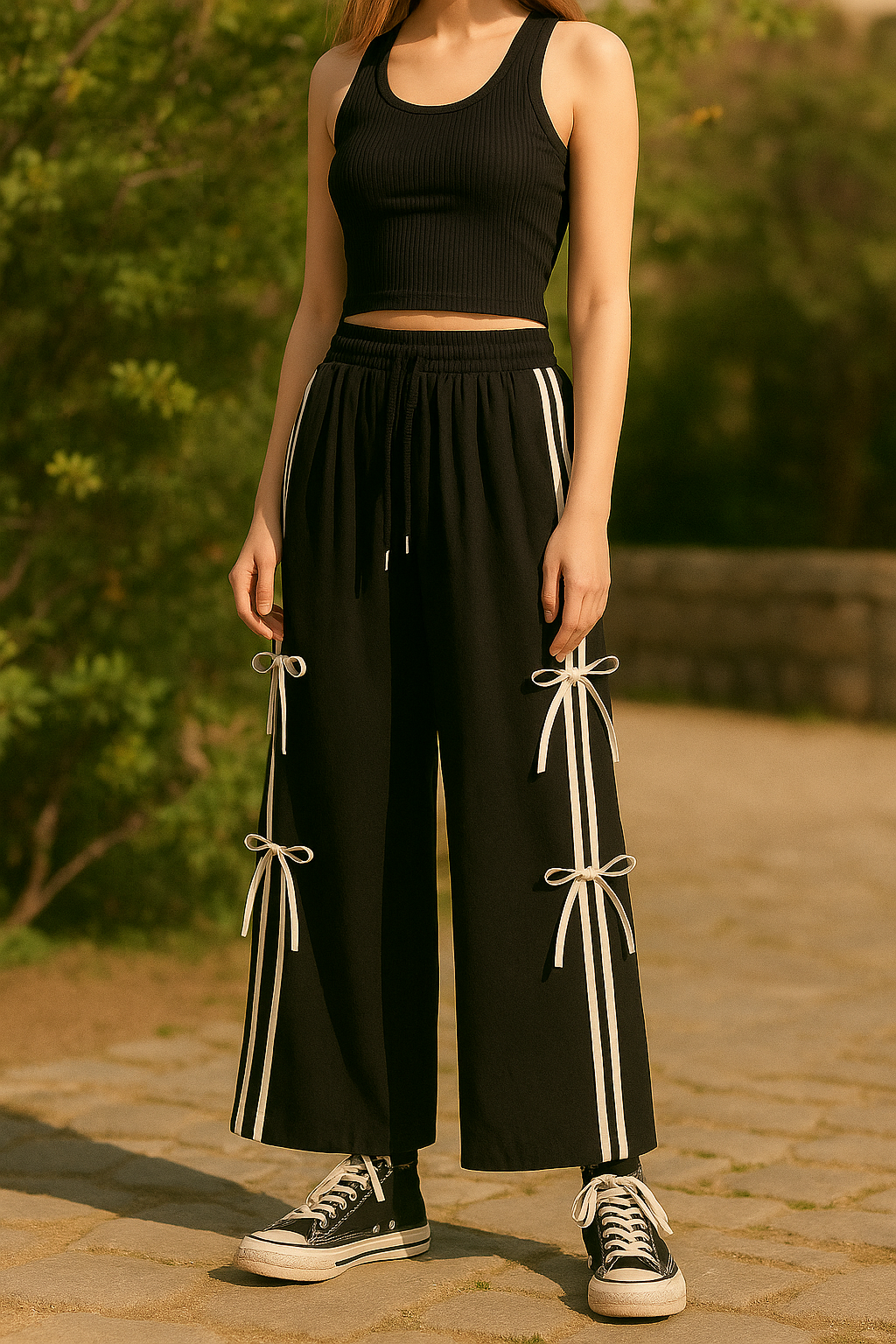 Y2K Side Stripe Pants | Black Wide Leg Streetwear Trousers with Bow Knot Details