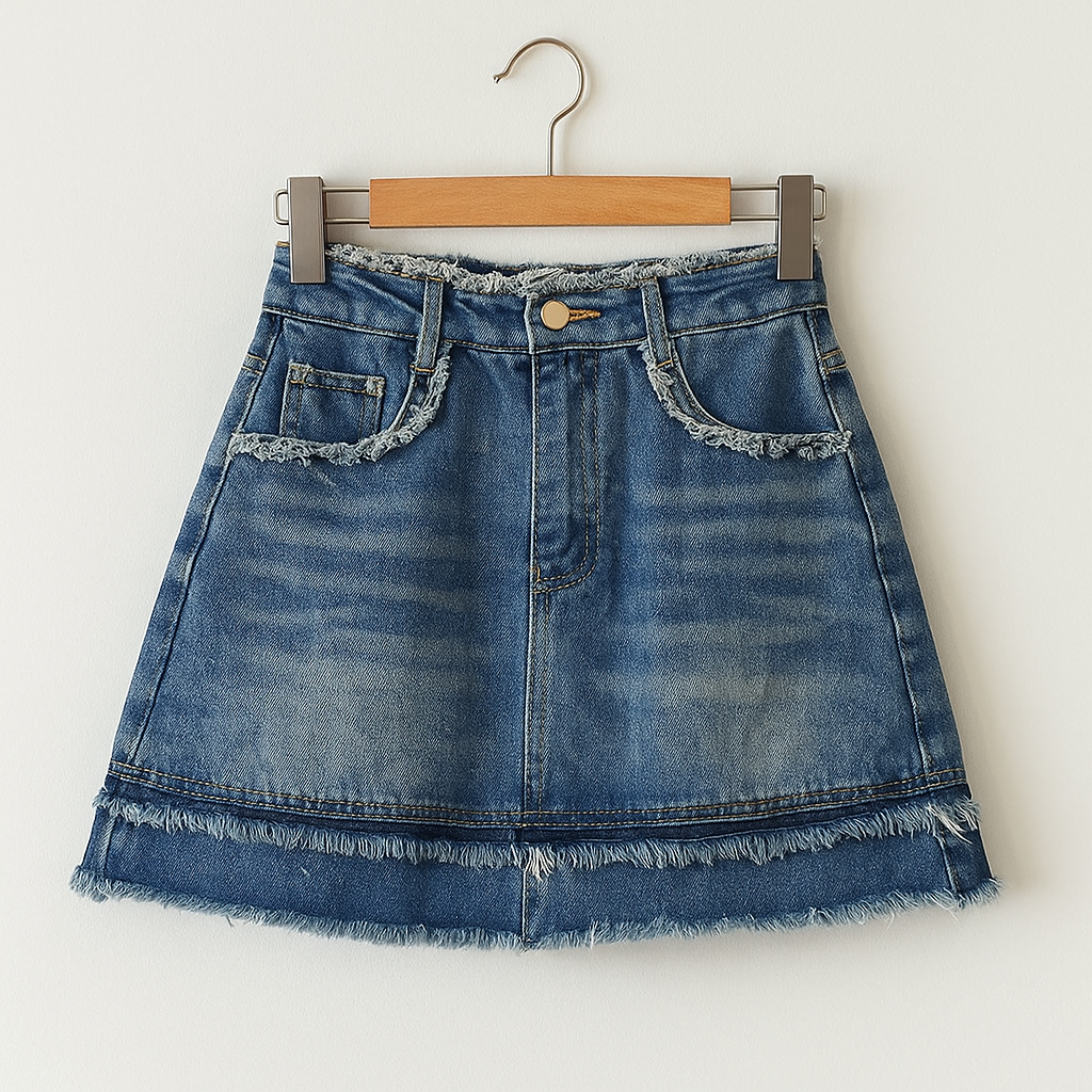Y2K Denim Mini Skirt with Built in Shorts | High Waisted Distressed A-Line Jean Skirt