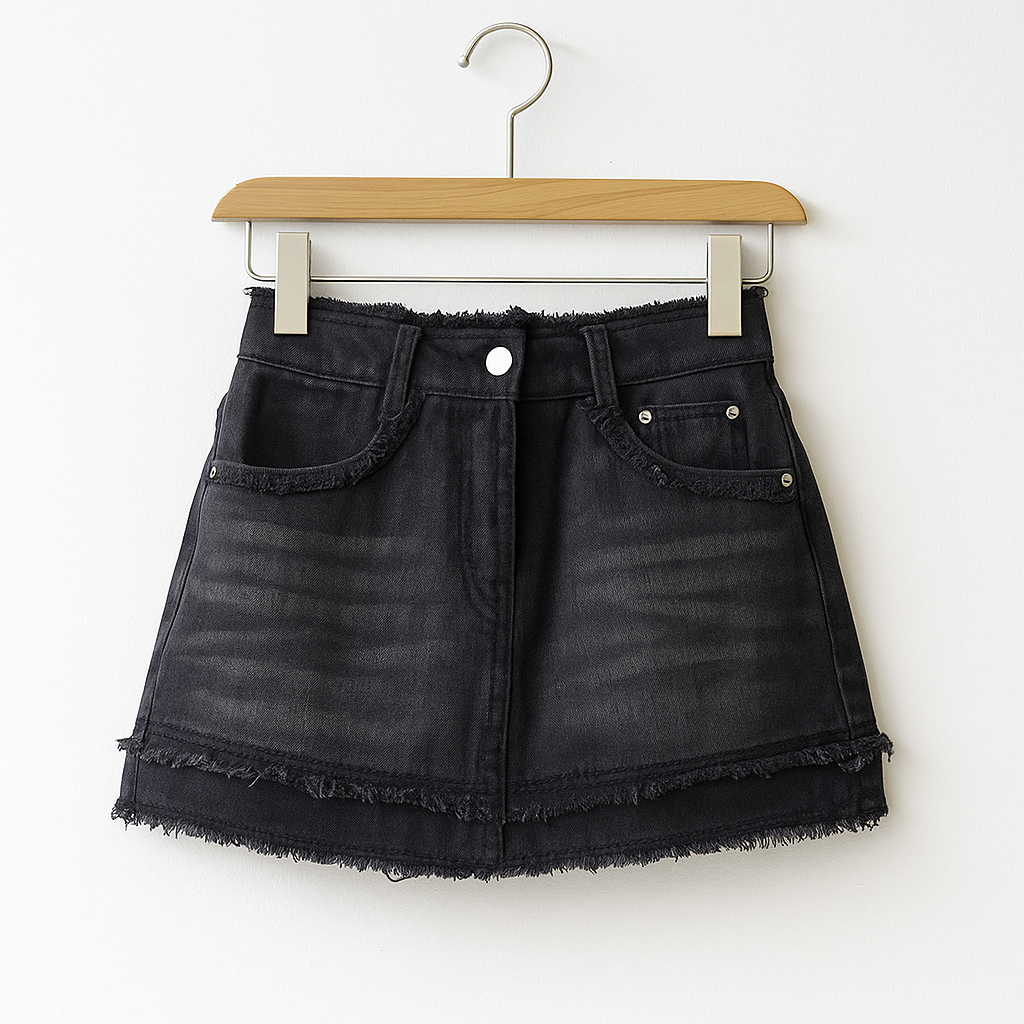 Y2K Denim Mini Skirt with Built in Shorts | High Waisted Distressed A-Line Jean Skirt