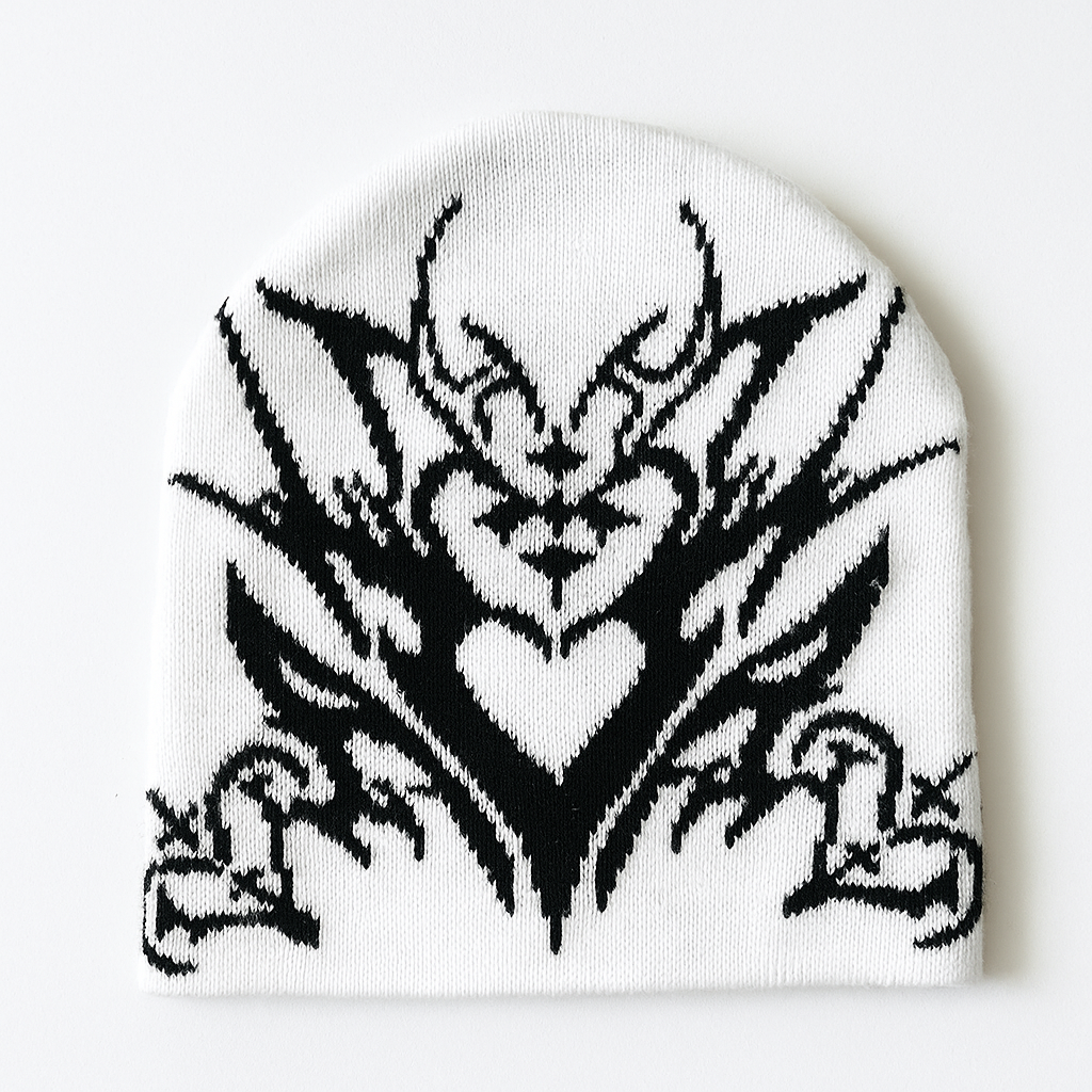 Y2K Tribal Heart Beanie | Gothic Streetwear Knit Hat