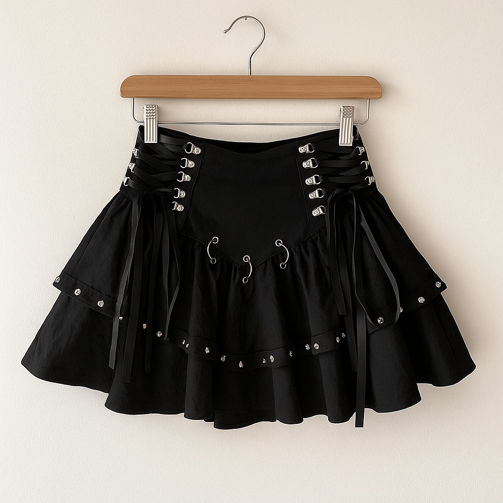 Gothic Pleated Mini Skirt | Y2K Punk High Waist Black Skirt with Straps
