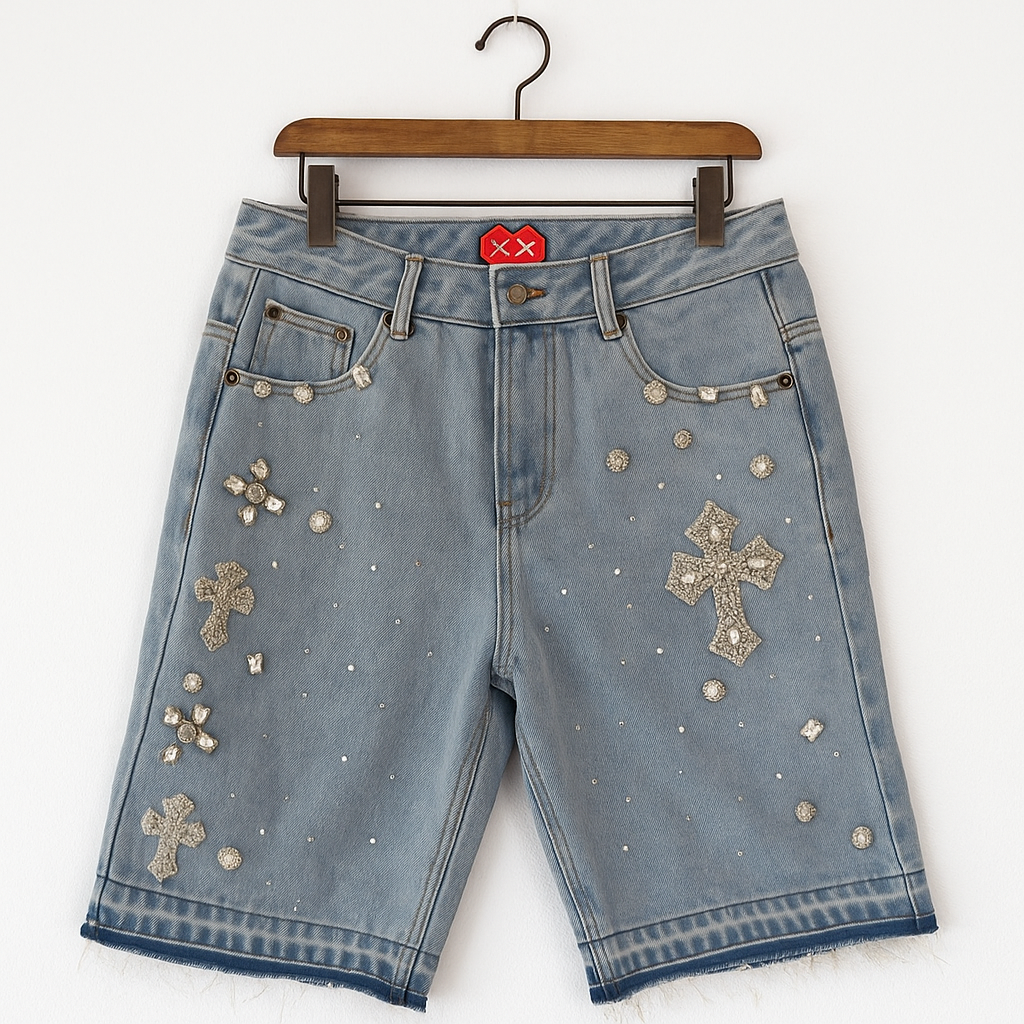 Vintage Cross Embroidered Denim Shorts | Y2K Distressed Jean Shorts
