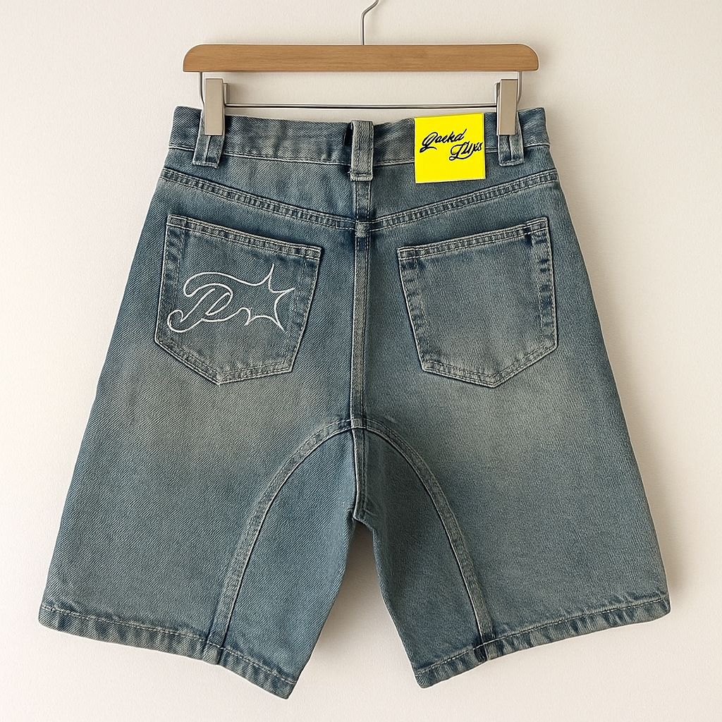 Protect Denim Shorts | Streetwear Baggy Jean Shorts with Embroidered P Detail