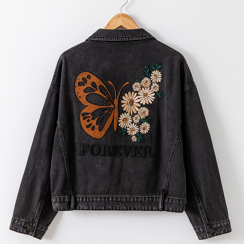 Forever Butterfly Denim Jacket | Embroidered Floral Oversized Black Jean Jacket