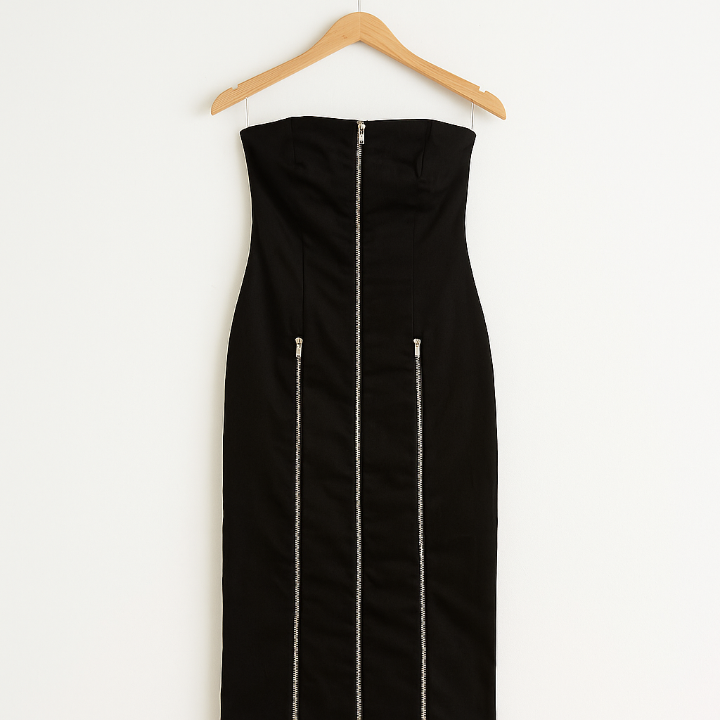 Y2K Gothic Black Midi Dress | Strapless Zipper Bodycon Dress with Side Slit