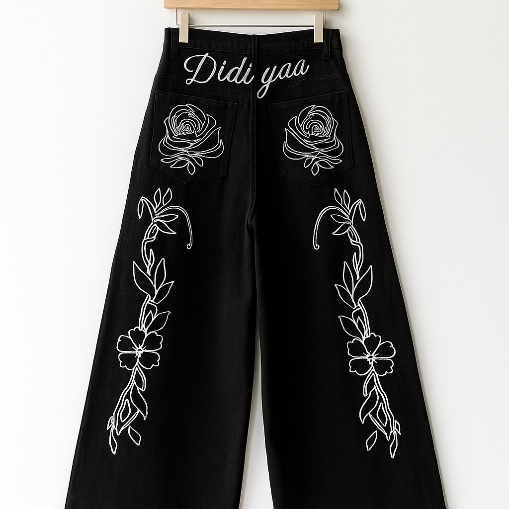Black Wide-Leg Jeans | White Rose & Floral Embroidery | Didi Yaa Design