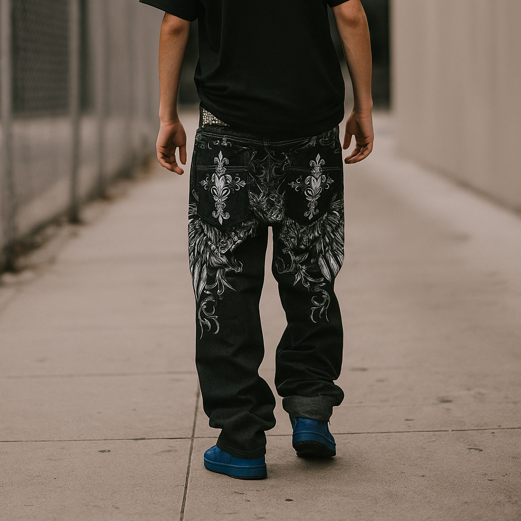 Y2K Black Dragon Embroidered Jeans | Gothic Streetwear Denim with Cross & Flame Details