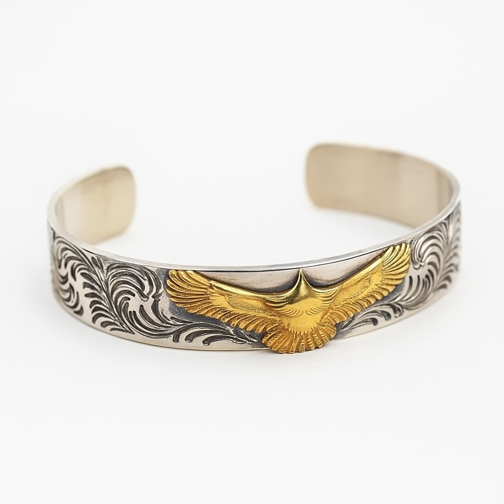 Silver and Gold Eagle Bracelet | Engraved Cuff Bangle with Vintage Design