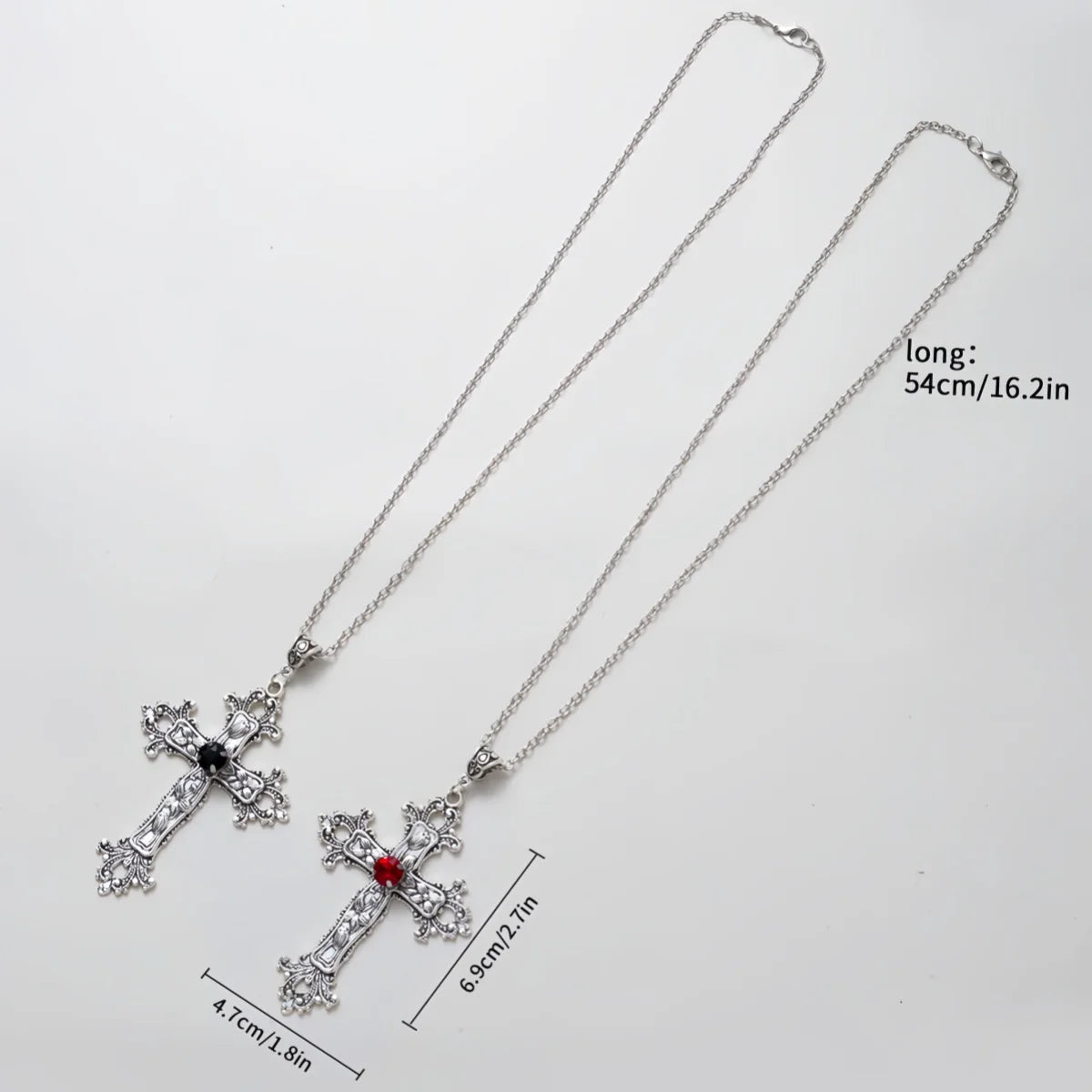 Gothic Cross Pendant Necklace | Vintage Silver Cross with Black or Red Gemstone