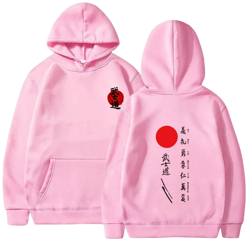 Japanese Kanji Hoodie | Red Sun and Samurai-Inspired Print