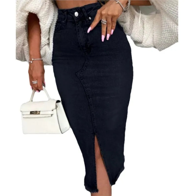 Y2K High Waist Denim Midi Skirt | Vintage Split Hem Jean Skirt