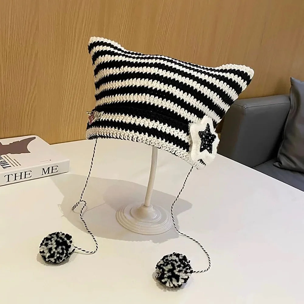 Striped Knit Beanie Hat | Y2K Star Patch Winter Hat with Pom Pom Ties