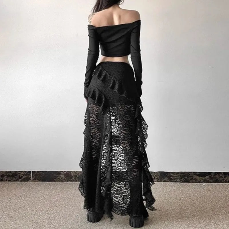 Y2K Lace Maxi Skirt | High Waist Gothic Fairycore Skirt with Sheer Layering
