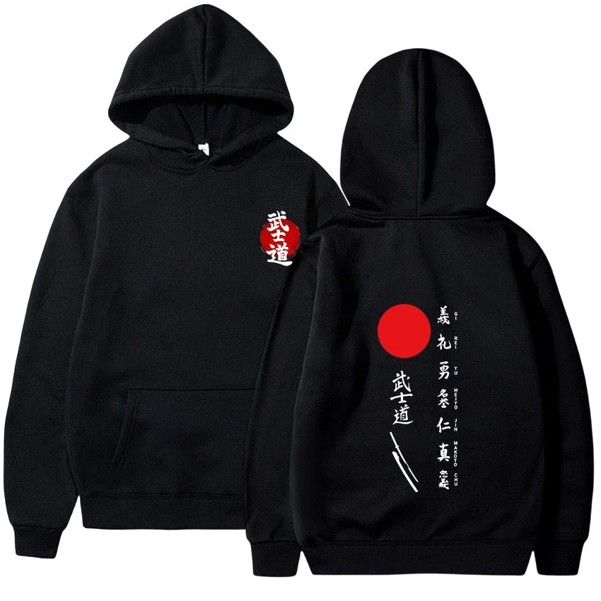 Japanese Kanji Hoodie | Red Sun and Samurai-Inspired Print