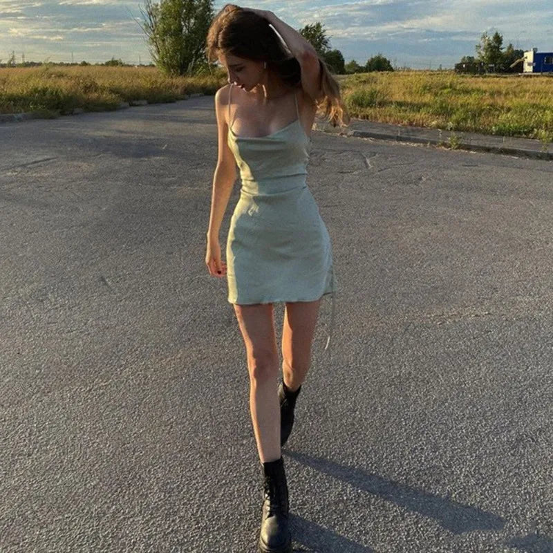 Mint Green Satin Slip Dress | Y2K Spaghetti Strap Mini Dress Summer Streetwear