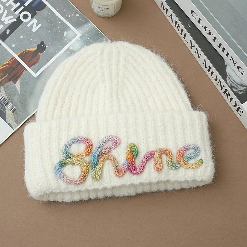 Shine Embroidered Beanie | Cozy Winter Knit Hat with Colourful Lettering