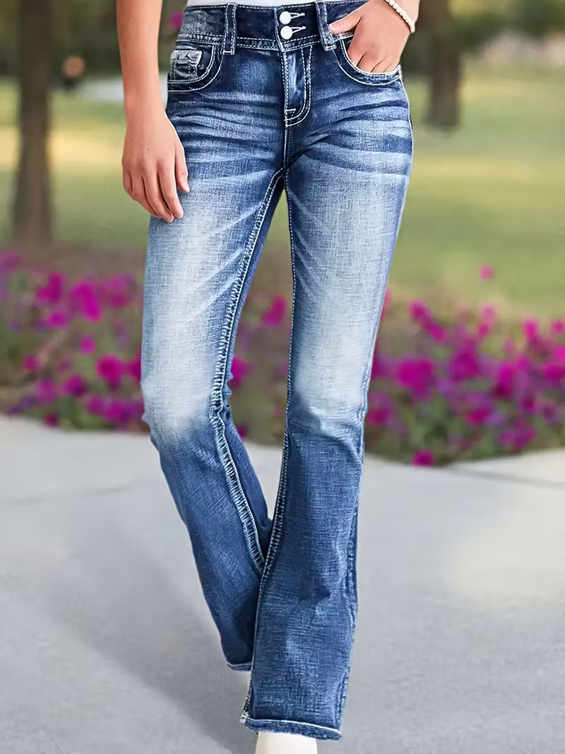 Blue Flare Jeans | Cross & Angel Wing Embroidered Back Pockets | Y2K Vintage Denim