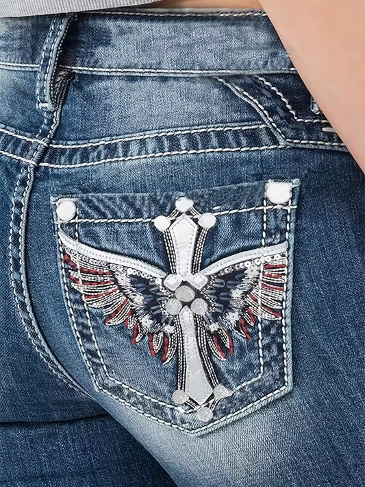 Bootcut Denim Jeans | Cross & Wing Embroidery on Back Pockets | Y2K Western Style