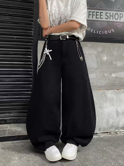 Black Wide-Leg Jeans | White Rose & Floral Embroidery | Didi Yaa Design