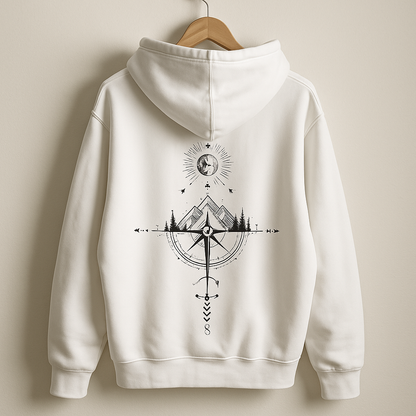 White Graphic Hoodie | Minimalist Moon & Compass Mountain Print Streetwear Pullover