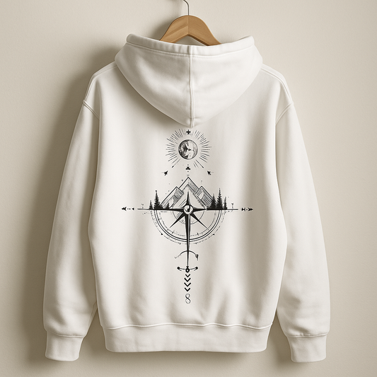 White Graphic Hoodie | Minimalist Moon & Compass Mountain Print Streetwear Pullover