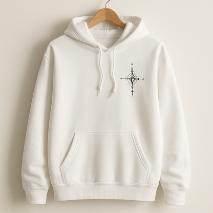 White Graphic Hoodie | Minimalist Moon & Compass Mountain Print Streetwear Pullover