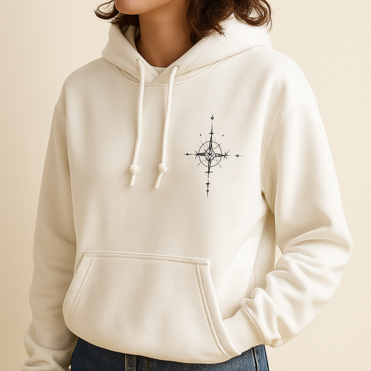 White Graphic Hoodie | Minimalist Moon & Compass Mountain Print Streetwear Pullover