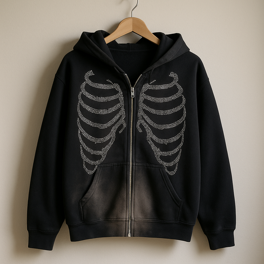 Y2K Rhinestone Skeleton Hoodie | Zip Up Hoodie with Crystal Bone Design