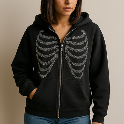 Y2K Rhinestone Skeleton Hoodie | Zip Up Hoodie with Crystal Bone Design