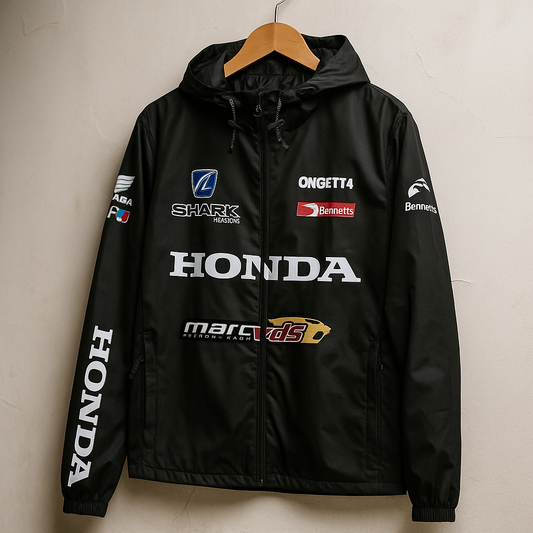 Honda Racing Jacket | Black Moto Streetwear Windbreaker with Embroidered Logos