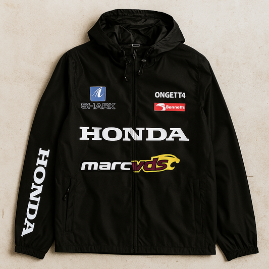 Honda Racing Jacket | Black Moto Streetwear Windbreaker with Embroidered Logos