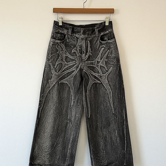 Black Gothic Wide-Leg Jeans | Distressed Denim with Tribal Embroidery Streetwear Pants