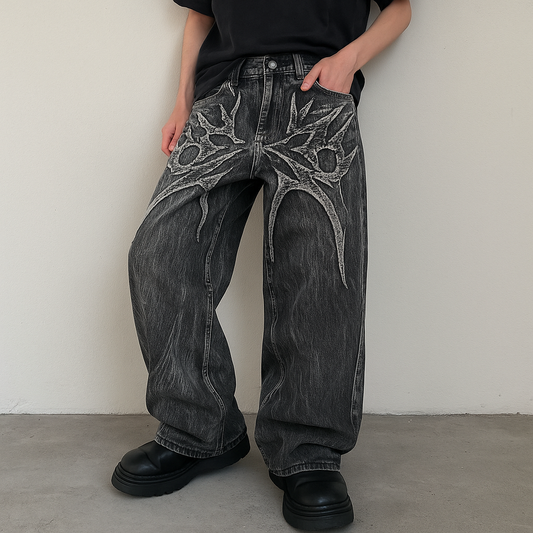 Black Gothic Wide-Leg Jeans | Distressed Denim with Tribal Embroidery Streetwear Pants