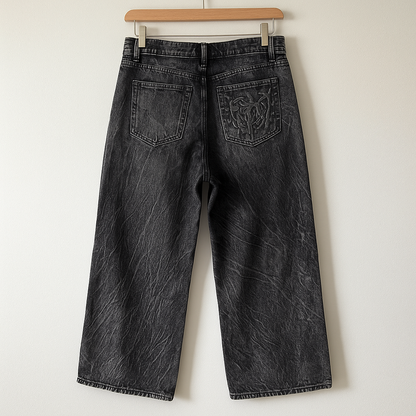 Black Gothic Wide-Leg Jeans | Distressed Denim with Tribal Embroidery Streetwear Pants