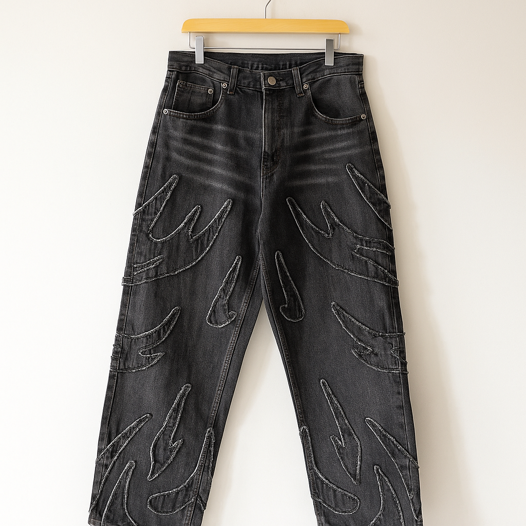 Black Flame Embroidered Jeans | Gothic Streetwear Wide-Leg Denim Pants