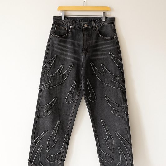 Black Flame Embroidered Jeans | Gothic Streetwear Wide-Leg Denim Pants
