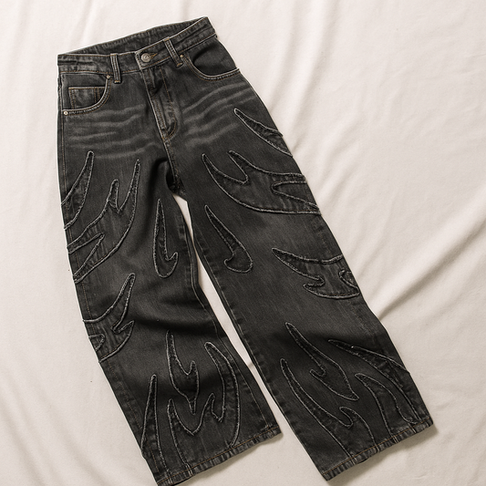 Black Flame Embroidered Jeans | Gothic Streetwear Wide-Leg Denim Pants